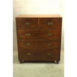 Chest of drawers. Early 19th century mahogany, two part military style, Lowndes Haymarket. H.112 W.