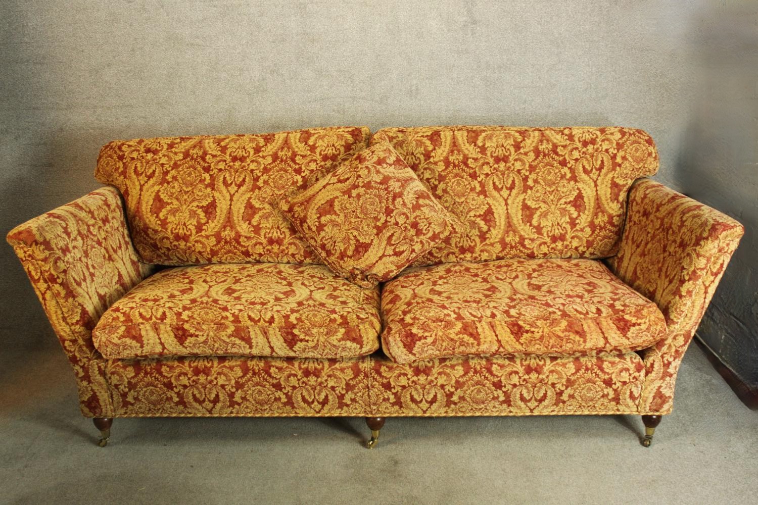 A 19th century style upholstered two seater settee. H.86 W.222 D.93cm.