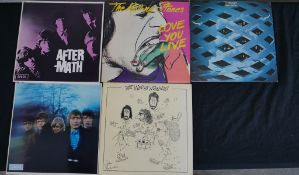 Five assorted LPs; Between the Button, Love You Live & Aftermath by the Rolling Stones and Tommy &