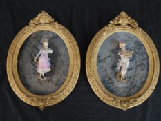 A pair of 20th century painted German porcelain figures, a man playing an instrument and a girl