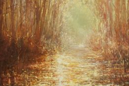 Unknown artist. Oil on canvas showing an avenue of trees against a sunset. Signed indistinctly to
