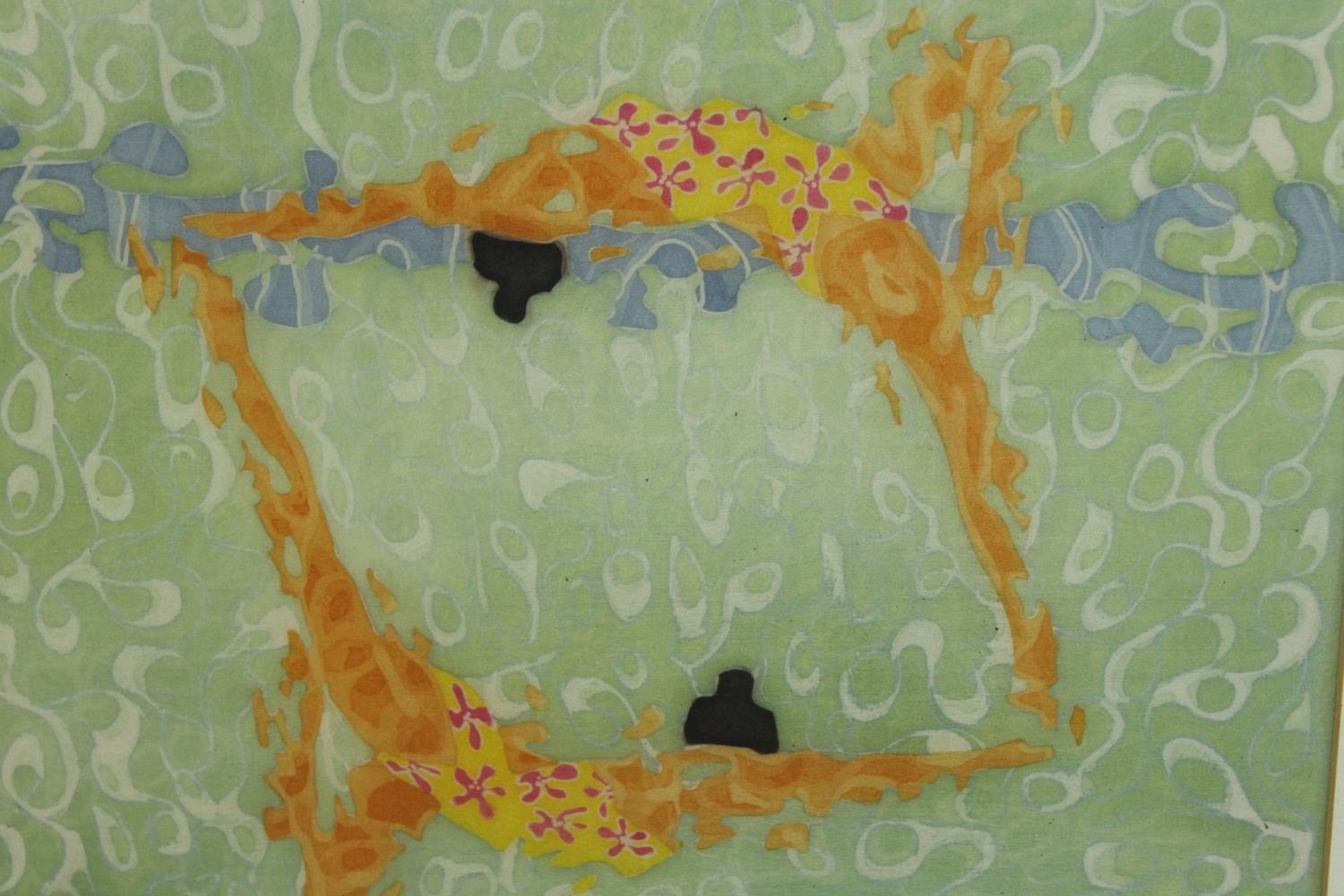 Jo Owen (Contemporary), abstract in greens and oranges, framed pencil signed watercolour on paper.