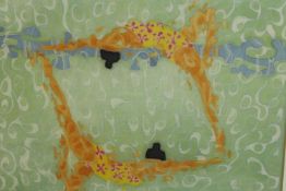 Jo Owen (Contemporary), abstract in greens and oranges, framed pencil signed watercolour on paper.
