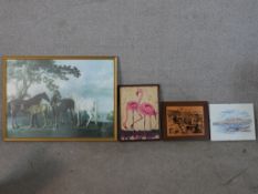 Four assorted 20th century coloured prints to include a pair of flamingoes, Horses after George
