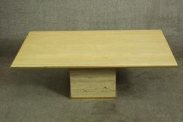 Coffee table, travertine marble and brass edged. H.38 W.120 D.70cm.