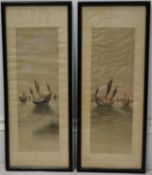 Chinese school (20th century) sailing boats on a river, watercolour on silk, framed. (pair) H.41 W.