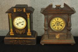 A 19th century slate mantle clock, together with a an early 20th century carved beech mantle clock
