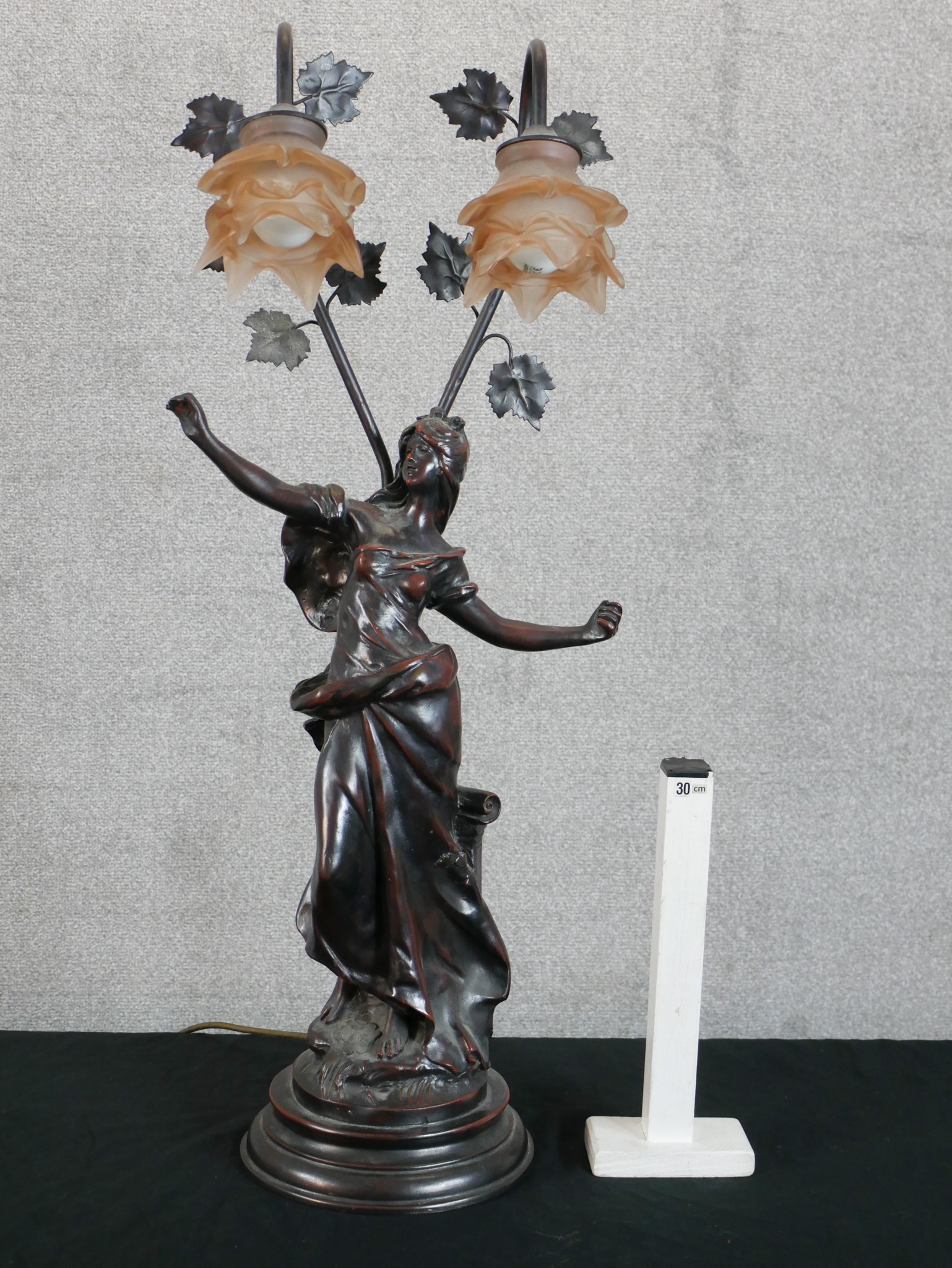 Large Art Nouveau style bronze figural lamp with twin branches. H.79cm. - Image 3 of 3