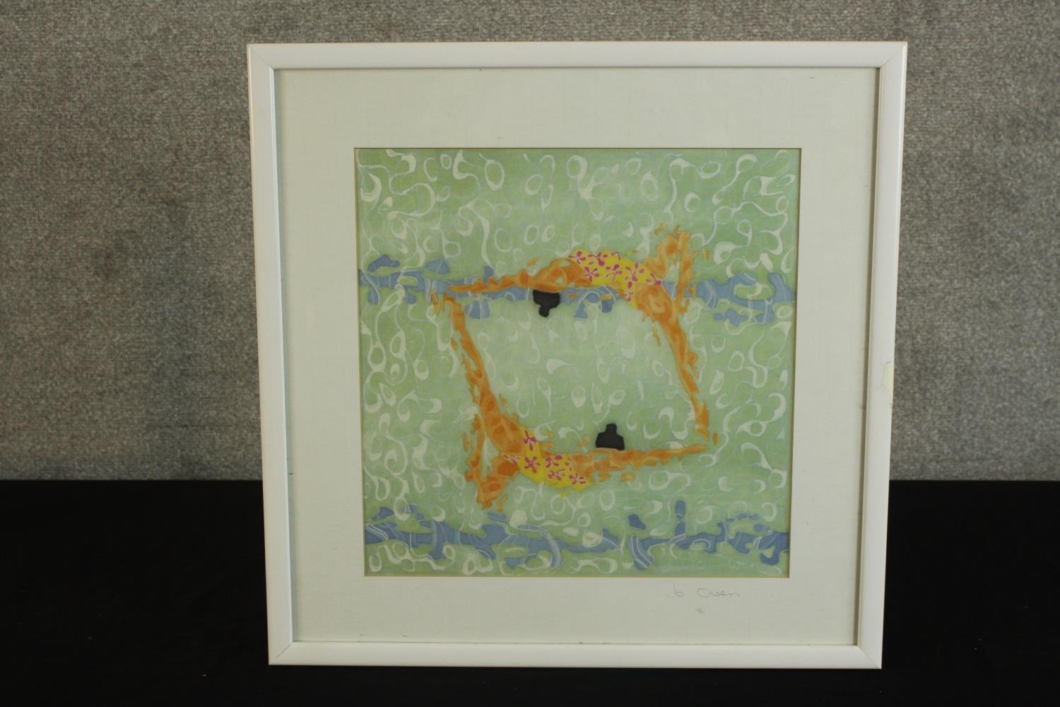 Jo Owen (Contemporary), abstract in greens and oranges, framed pencil signed watercolour on paper. - Image 2 of 5