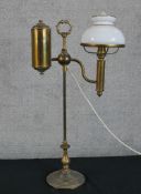 Edwardian oil lamp refurbished to electric. Made from brass and white glass. H.55 x W.30 x D.16cm.