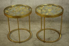 Lamp tables, pair, contemporary gilt metal and glass. H.52 Dia.45cm. (each)
