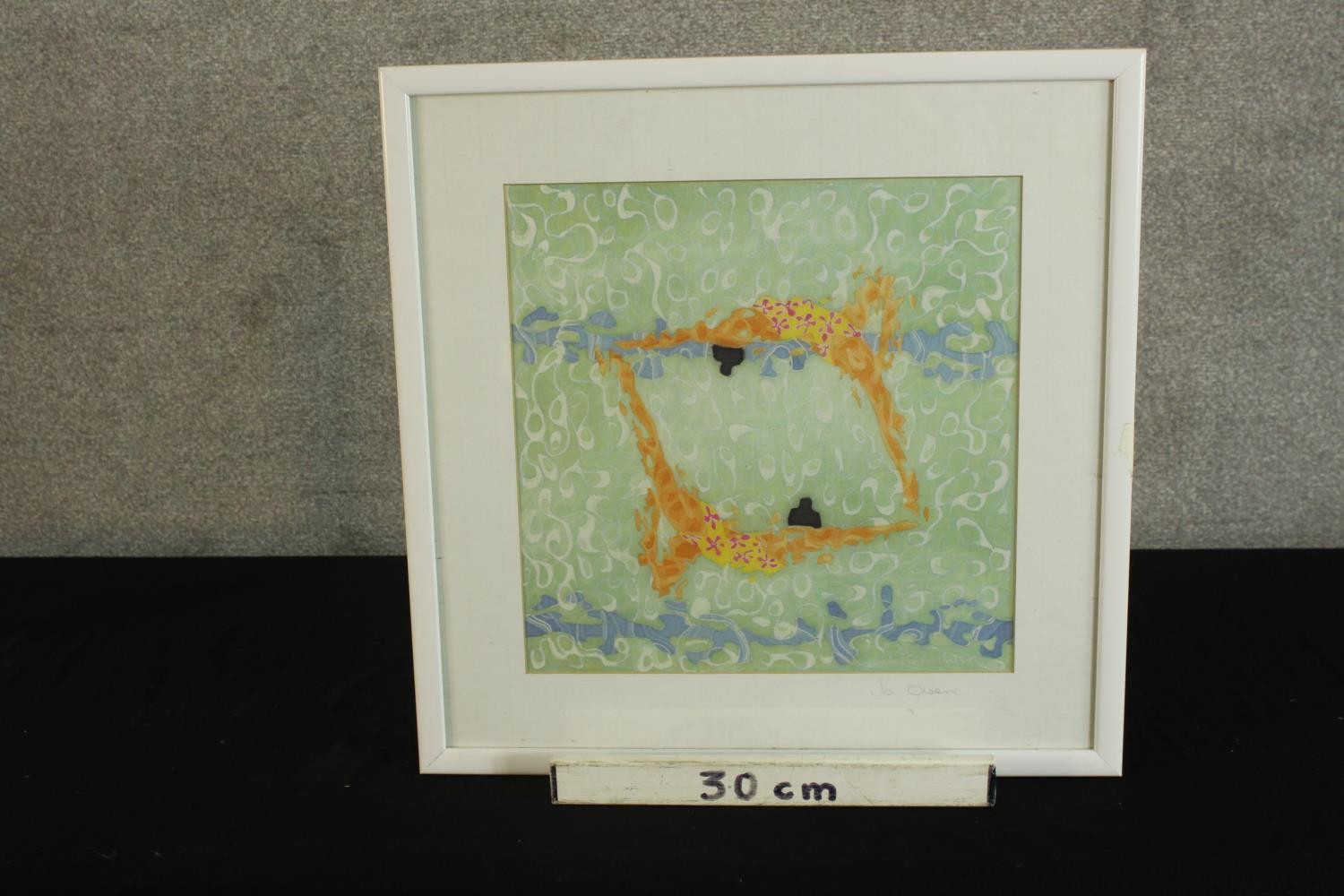 Jo Owen (Contemporary), abstract in greens and oranges, framed pencil signed watercolour on paper. - Image 4 of 5