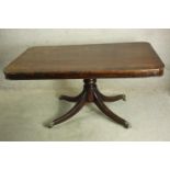 A 19th century mahogany square topped table with rounded corners. H.71 W.152 D.95cm.