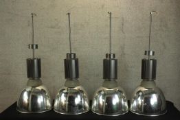 Four industrial style chrome ceiling lights made by Regent. Measuring H.100 x Dia.40 cm. (each).