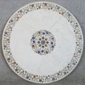 A marble Indian table top inlaid with specimen stones. Dia. 97cm