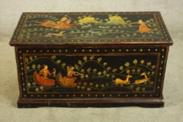 Coffer, early 20th century Indian, hand decorated. H.48 W.95 D.46cm.