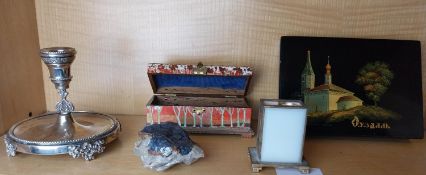 A Russian hand painted lacquer box along with a silver plated chamber stick, hand painted box and br