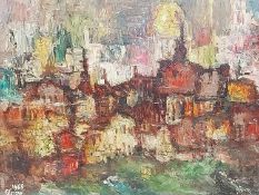 Oil on board, expressionist cityscape. H.61 W.70.5cm