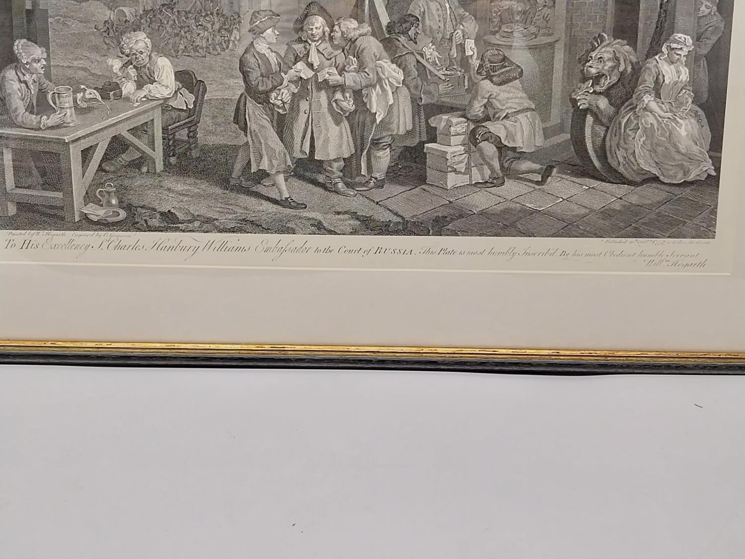 After Willliam Hogarth, three framed and glazed 19th century engravings, 'An election entertainment' - Image 8 of 11