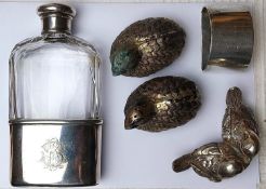 A collection of silver and silver plated items, including a silver and cut crystal hip flask, a pair