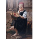 Gilt framed print on canvas, a girl eating apples, unsigned. H.116 W.85 cm
