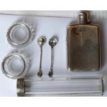 A silver hip flask along with two silver salt spoons, a dressing jar and cut crystal salts. Hip fla