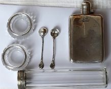 A silver hip flask along with two silver salt spoons, a dressing jar and cut crystal salts. Hip fla