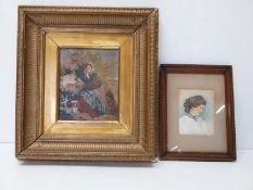 A 19th century framed and glazed oil painting along with a portrait study. H.35.5 W.32.5 cm (largest