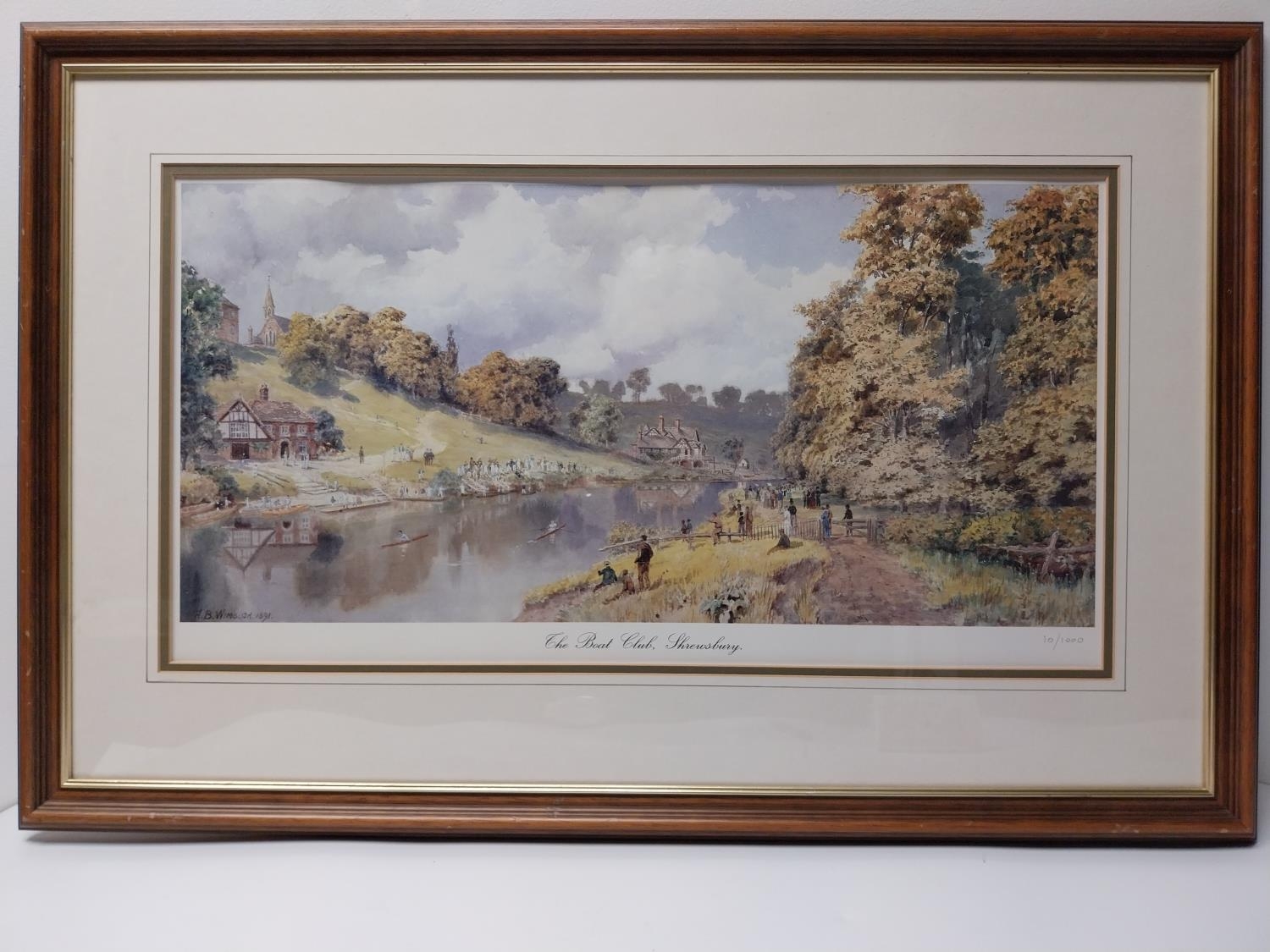 A framed and glazed reproduction of The Boat Club Shrewsbury, H. B. Winbush, numbered in the margin. - Image 2 of 6
