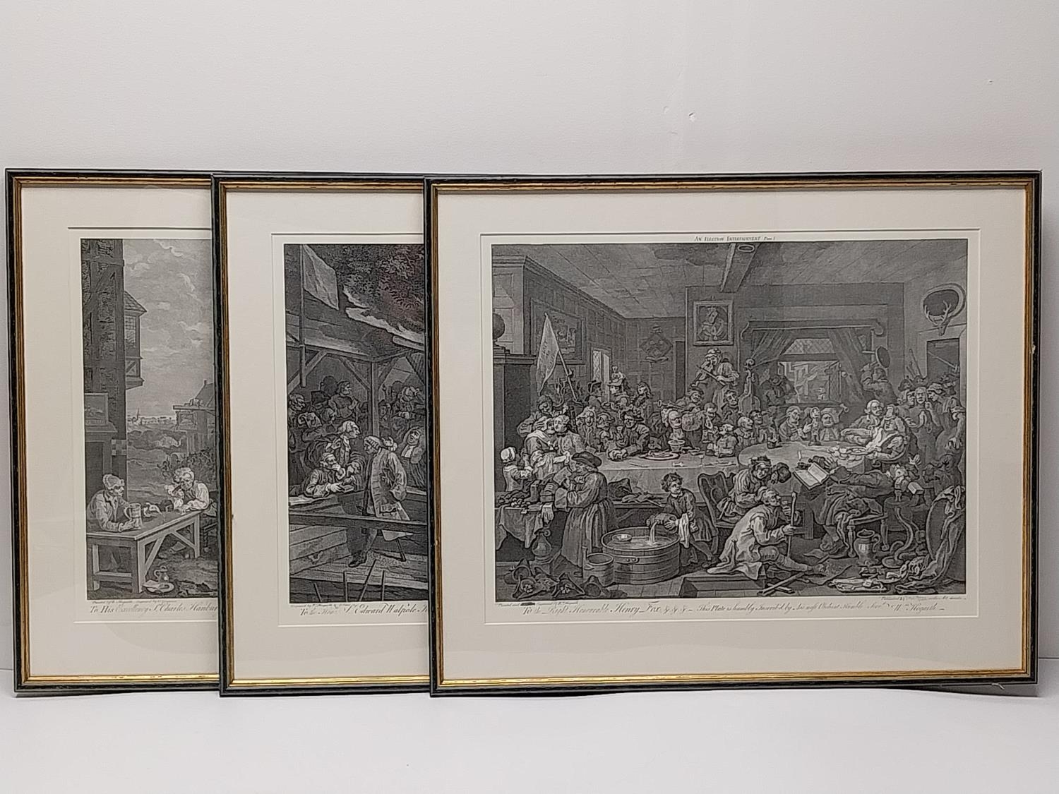 After Willliam Hogarth, three framed and glazed 19th century engravings, 'An election entertainment'
