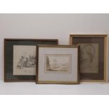 Three framed and glazed pencil and ink sketches. H.37.5 W.47 cm (largest)
