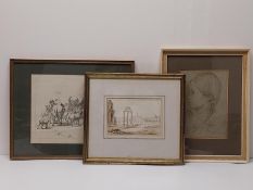 Three framed and glazed pencil and ink sketches. H.37.5 W.47 cm (largest)