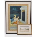 A framed and glazed Indo-Persian gouache on paper of two young lovers, with calligraphic inscription