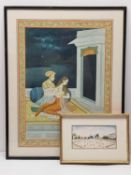 A framed and glazed Indo-Persian gouache on paper of two young lovers, with calligraphic inscription
