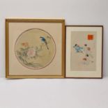 A Japanese early 20th century watercolour of a song bird in a tree, with artists seal along with a J