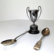A pair of large silver serving spoons, both with engraved design along with a silver commemorative c