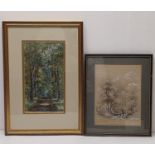 A framed and glazed watercolour and an ink sketch. H.48.5 W.33.5 cm (largest)