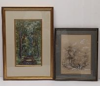 A framed and glazed watercolour and an ink sketch. H.48.5 W.33.5 cm (largest)