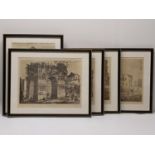 Five framed and glazed 19th century etchings of various famous world landmarks. H.47 W.57.5 cm (larg