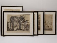 Five framed and glazed 19th century etchings of various famous world landmarks. H.47 W.57.5 cm (larg