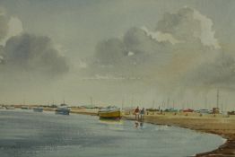 Guy Todd (20th century), watercolour on paper, couple walking on the beach with various sailing