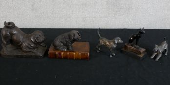 Five metal animal sculptures. One by the 'Original Book Works Limited Gloucester' featuring a pig
