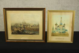 Unknown artist. Russian interest. A watercolour of St Basil's Cathedral, Moscow and a engraved print
