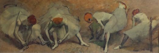 After Edgar Degas (French 1834-1917) Dancers adjusting their slippers, a framed coloured print. H.35