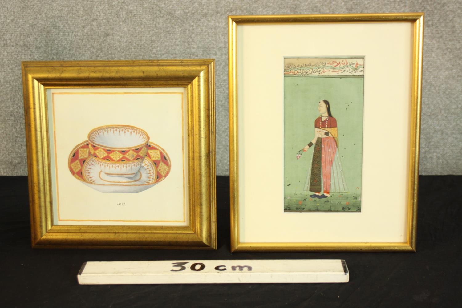 A print and 19th century Indo-Persian gouache on paper of a female figure in traditional clothing. - Image 2 of 5