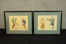 A pair of watercolours. Dancing carnival characters. Framed and glazed. Signed indistinctly on the