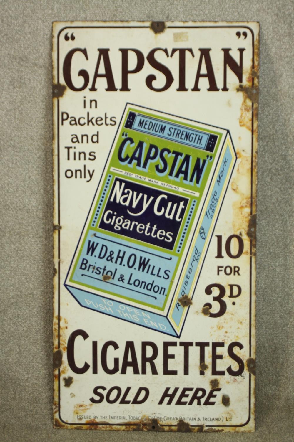 Capstan Cigarettes. Enamelled cigarette advertising sign on metal. 'Capstan In Packets and Tin