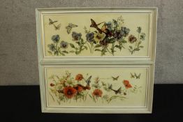 Unknown artist. Two botanical flower paintings showing butterflies. Framed. H.30 x W.64 cm. (each)