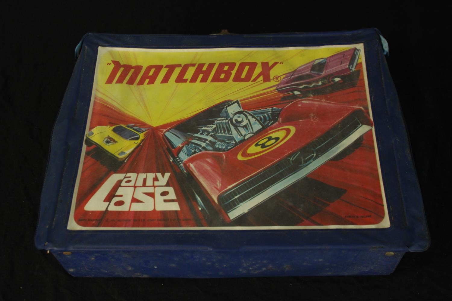 Matchbox Carry Case. With twenty-four cars in used condition. A mix of industrial vehicles and