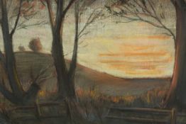 Unknown artist. Original pastel landscape showing a sunset. Dated 1978 to verso indistinctly signed.